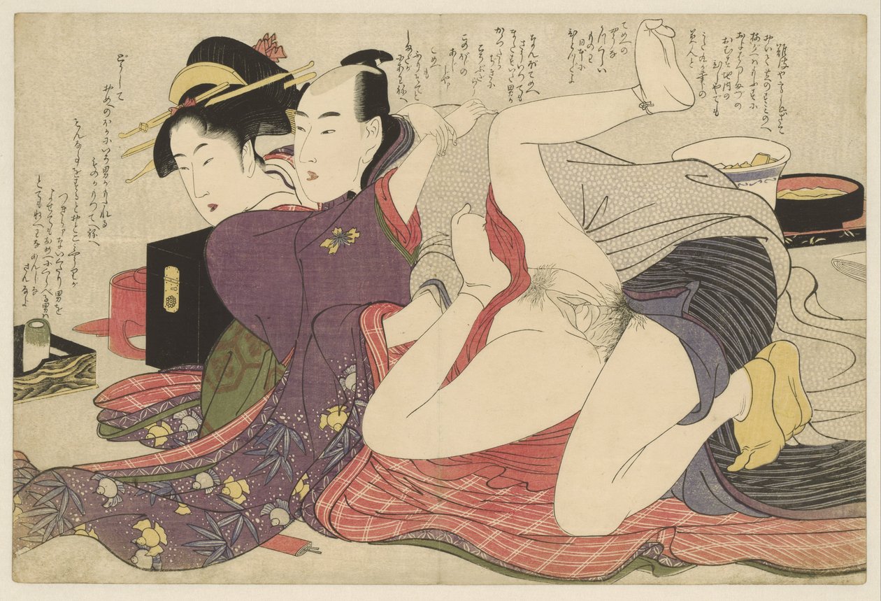 Gueixa em quimono de manga comprida e seu amante Negai no itoguchi (título da série) de Kitagawa Utamaro