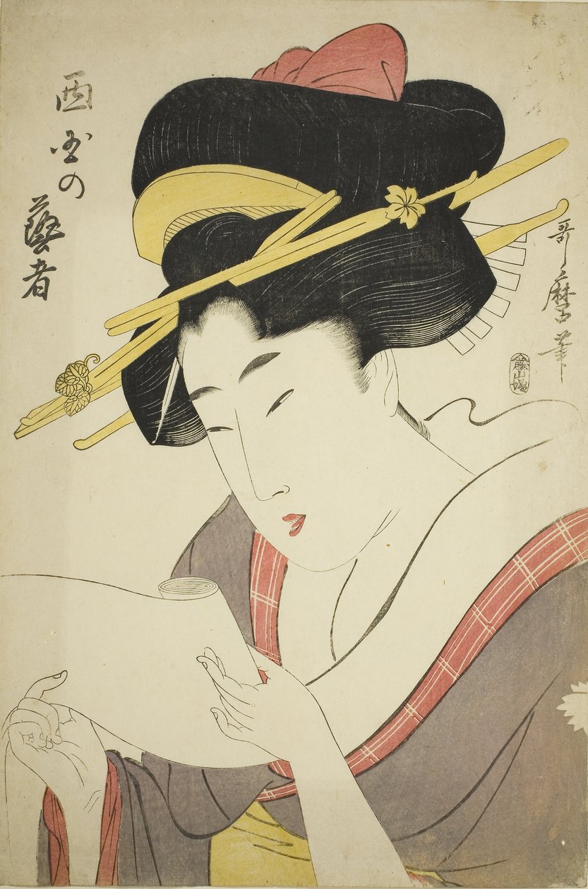 Gueixa do Bairro Ocidental (xilogravura a cores; oban) de Kitagawa Utamaro
