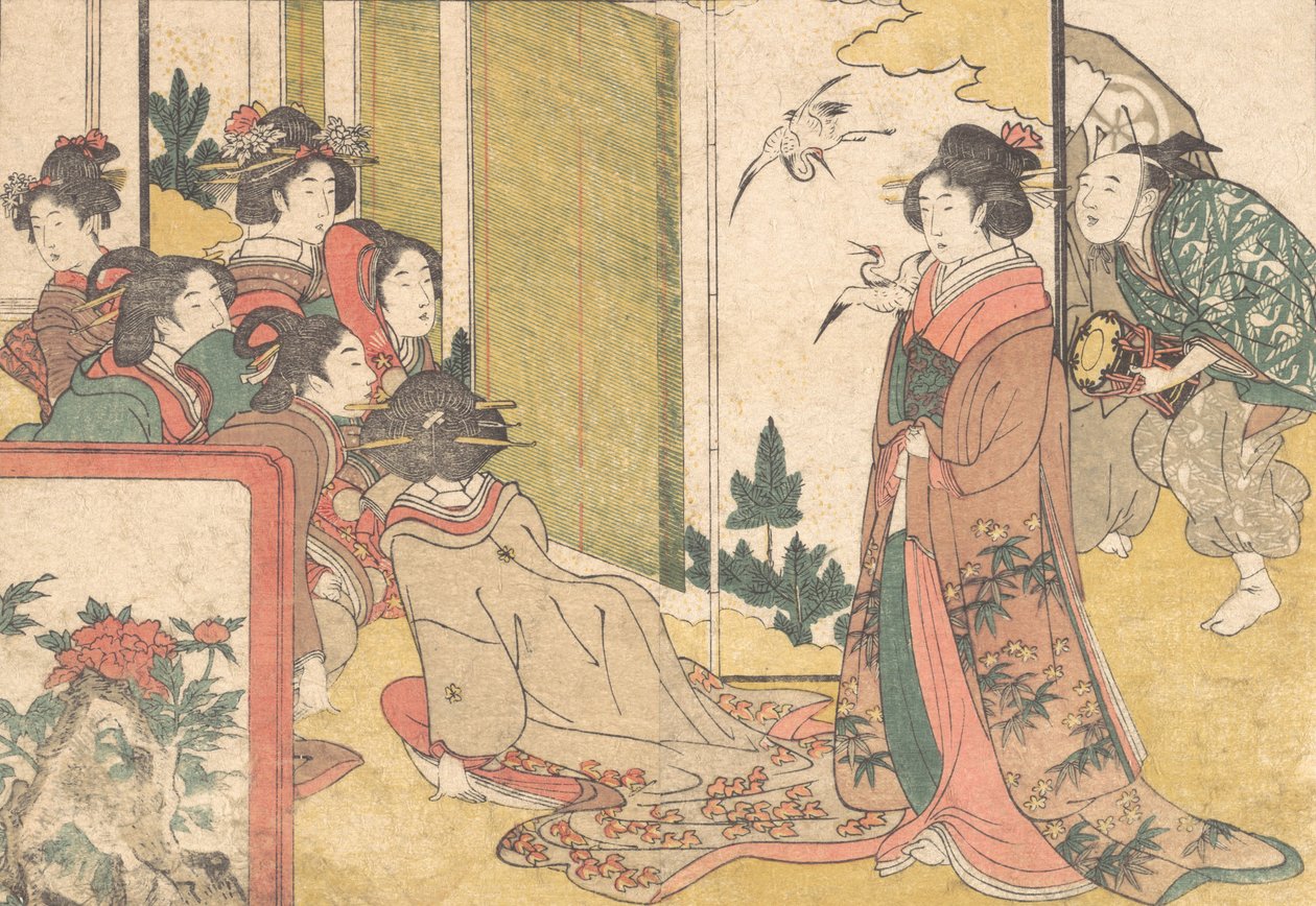 Girls Entertained by Performers, do livro ilustrado Flores das Quatro Estações, 1801. de Kitagawa Utamaro