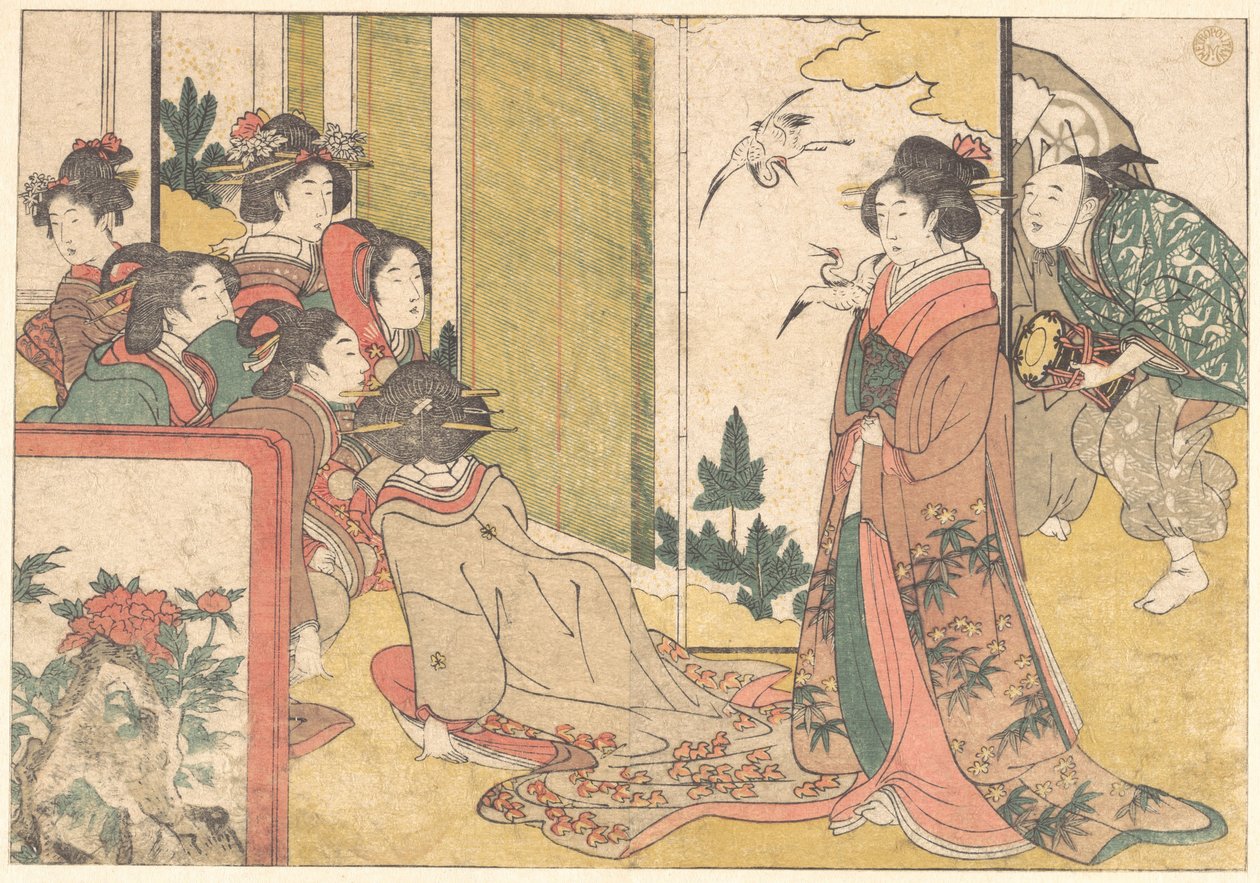 Raparigas entretidas por artistas, do livro ilustrado «Flores das Quatro Estações» de Kitagawa Utamaro