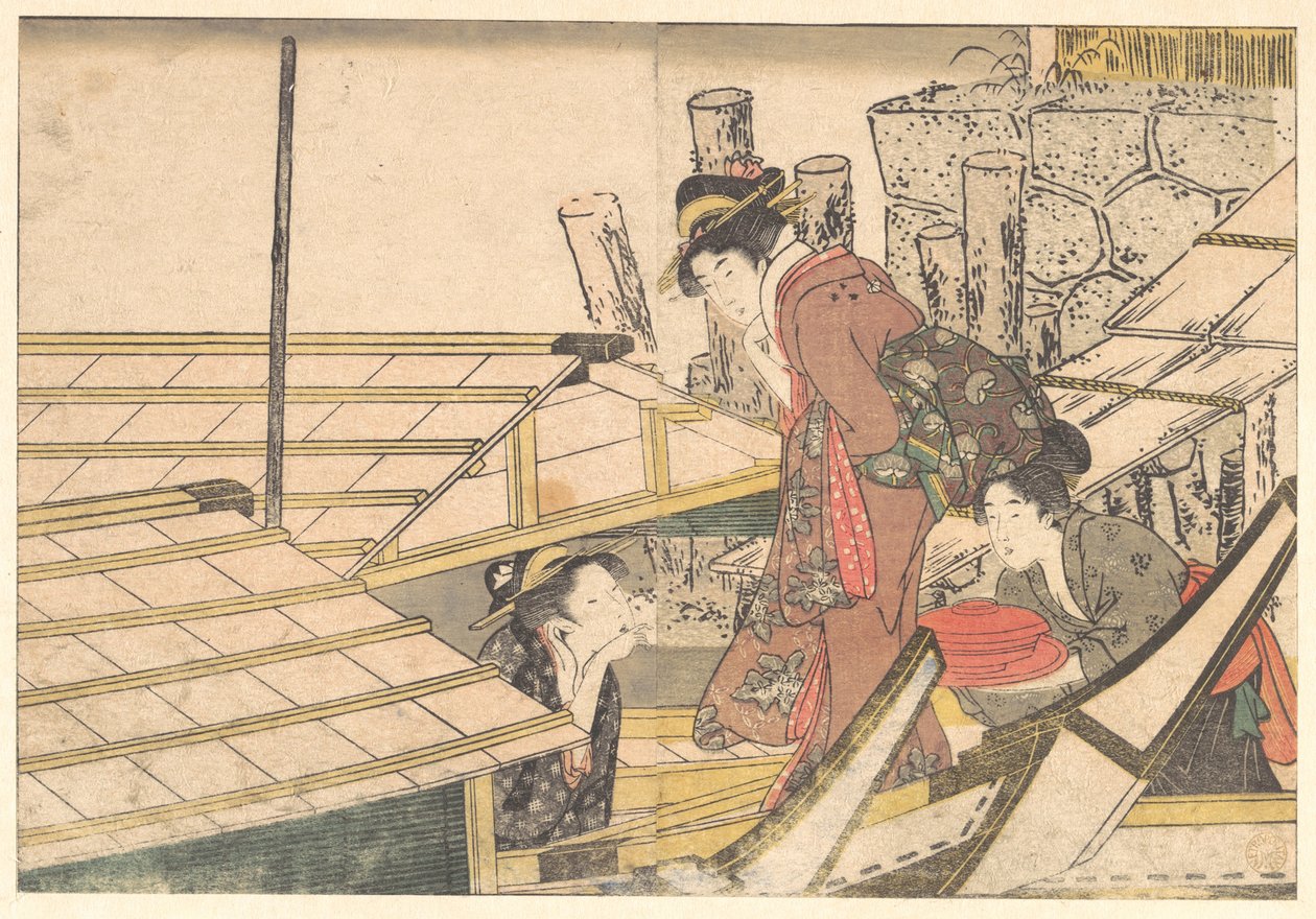 Raparigas a embarcar num barco, do livro ilustrado «Flores das Quatro Estações» de Kitagawa Utamaro