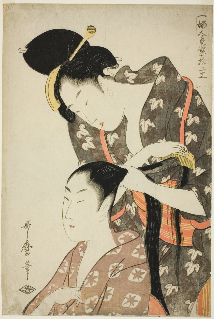 Cabeleireira, da série "Doze tipos de artesanato feminino (Fujin tewaza juni ko)" de Kitagawa Utamaro