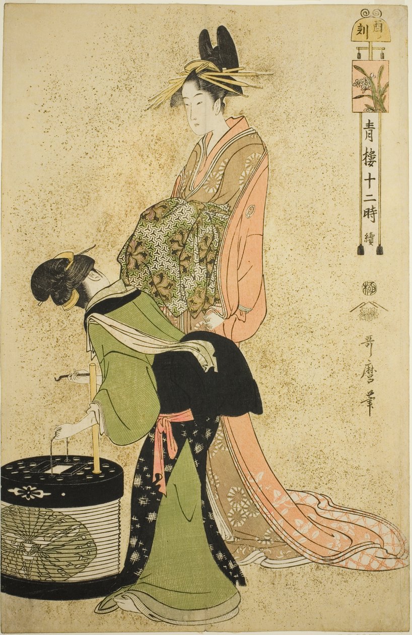 Hora do Galo (Tori no koku), da série "Doze Horas em Yoshiwara (Seiro juni toki tsuzuki)" de Kitagawa Utamaro