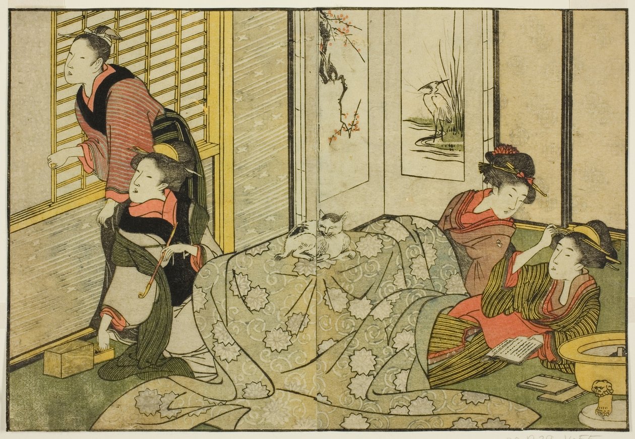Cena interior em um dia de neve, do livro ilustrado "Livro ilustrado: Flores das quatro estações (Ehon shiki no hana)", vol. 2 de Kitagawa Utamaro