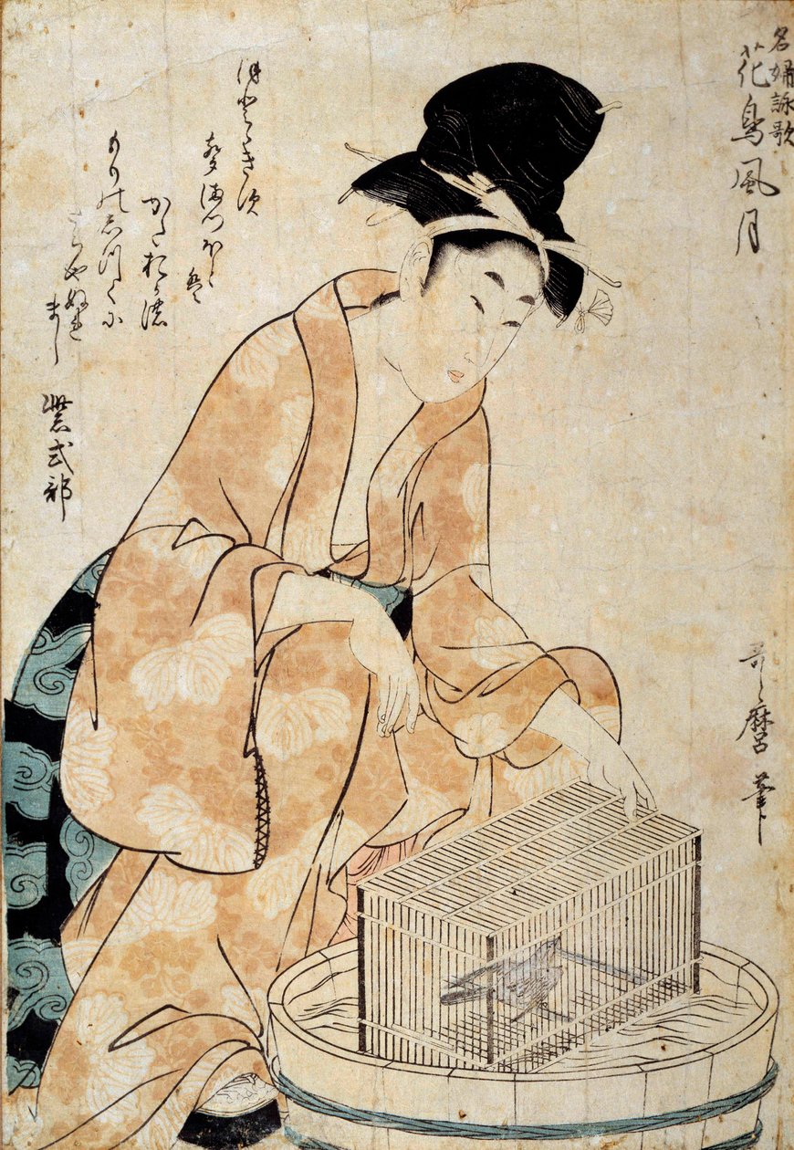 Arte japonesa: mulher sentada em frente a uma gaiola de pássaros. Desenho de Outamaro (Utamaro) Kitagawa (1753-1806) Século XVIII Rennes, Musee des Beaux Arts de Kitagawa Utamaro