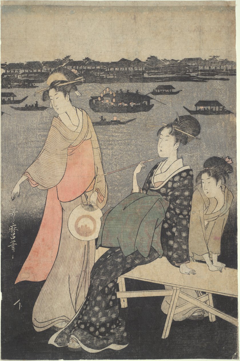 Festival Nocturno Kawabiraki: Vista do Rio Sumida de Kitagawa Utamaro