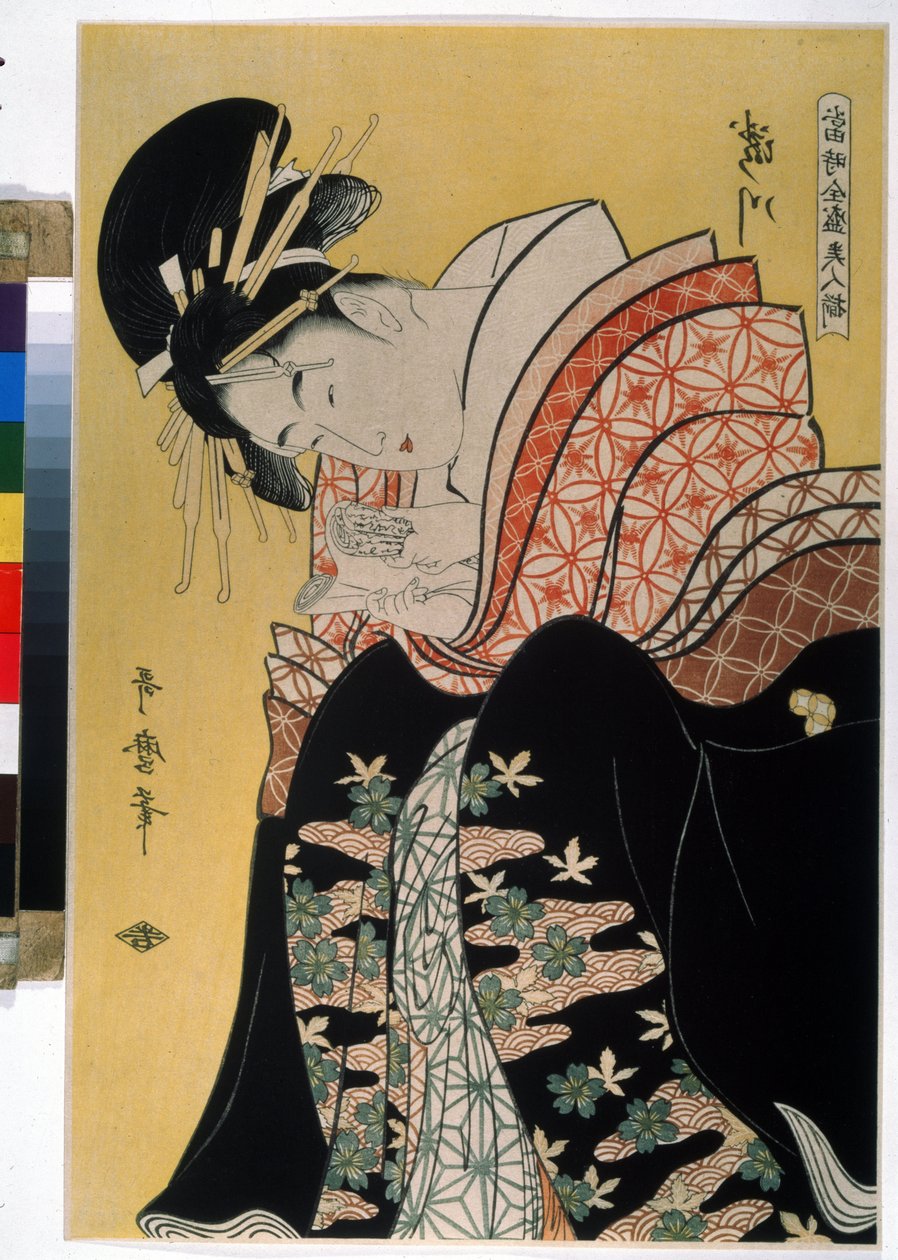 La belle Takigawa de la maison de the Ogi (Bela Takigawa da casa de chá Ogi). Na série Les celebres beautes contemporaines (a famosa beleza dos nossos dias). Dessin de Kitagawa Utamaro (1754-1806). Eau forte de Kitagawa Utamaro