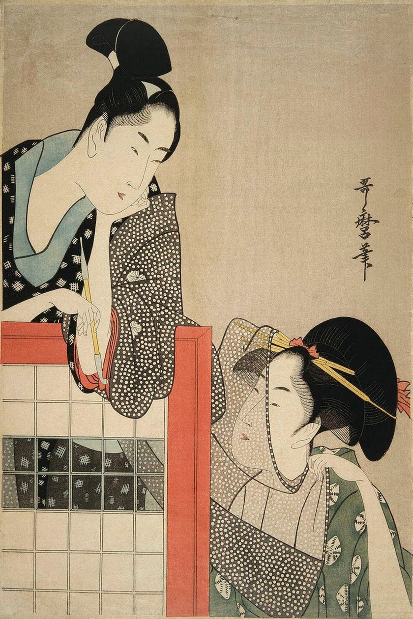 Dama e cavalheiro por uma tela, 1797. de Kitagawa Utamaro