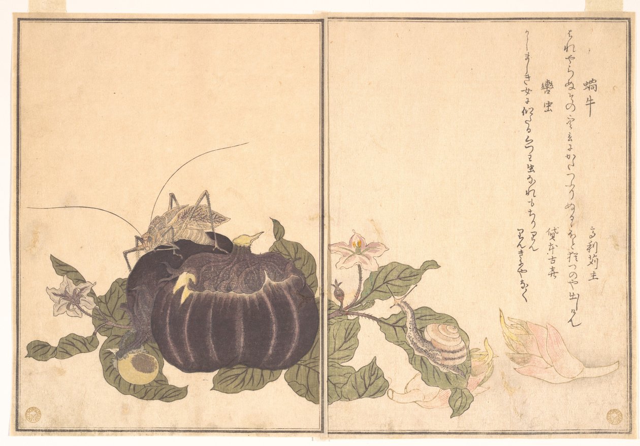 Caracol terrestre (Katatsumuri); grande esperança (Kutsuwamushi), do livro ilustrado de criaturas rastejantes (Ehon mushi erami) de Kitagawa Utamaro
