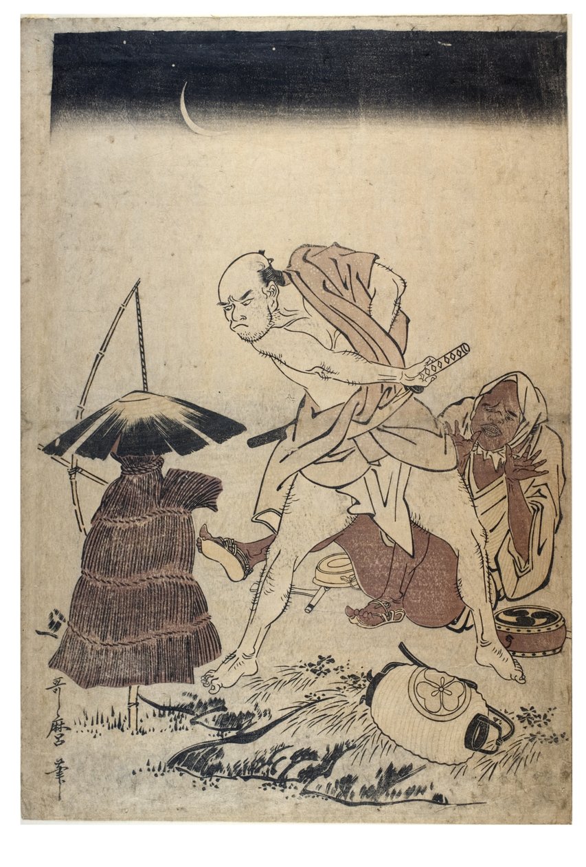 Homem ameaça espantalho em noite escura, c.1758-1806 (xilogravura sem papel) de Kitagawa Utamaro