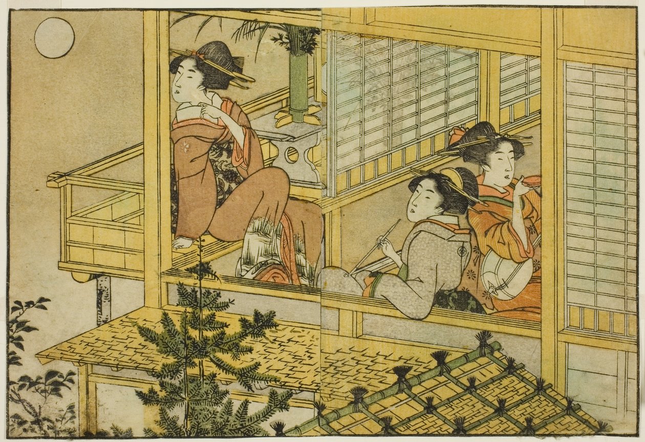 Moon-Viewing Party, do livro ilustrado "Livro de Imagens: Flores das Quatro Estações (Ehon shiki no hana)", vol. 2 de Kitagawa Utamaro