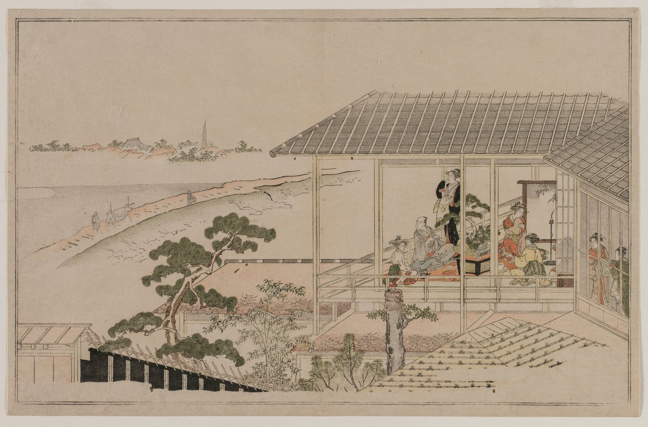 Nascer da lua sobre o Nihon Embankment e o Yoshiwara de Kitagawa Utamaro