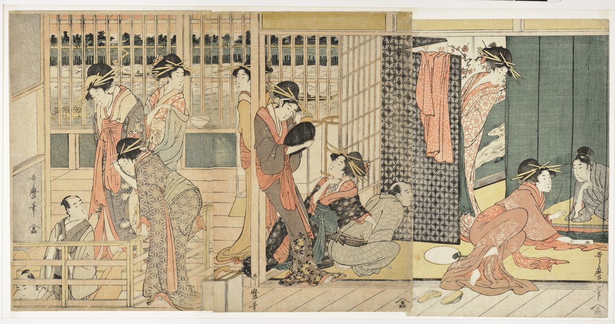 Partida matinal nos alojamentos temporários do bairro do prazer, 1801 de Kitagawa Utamaro