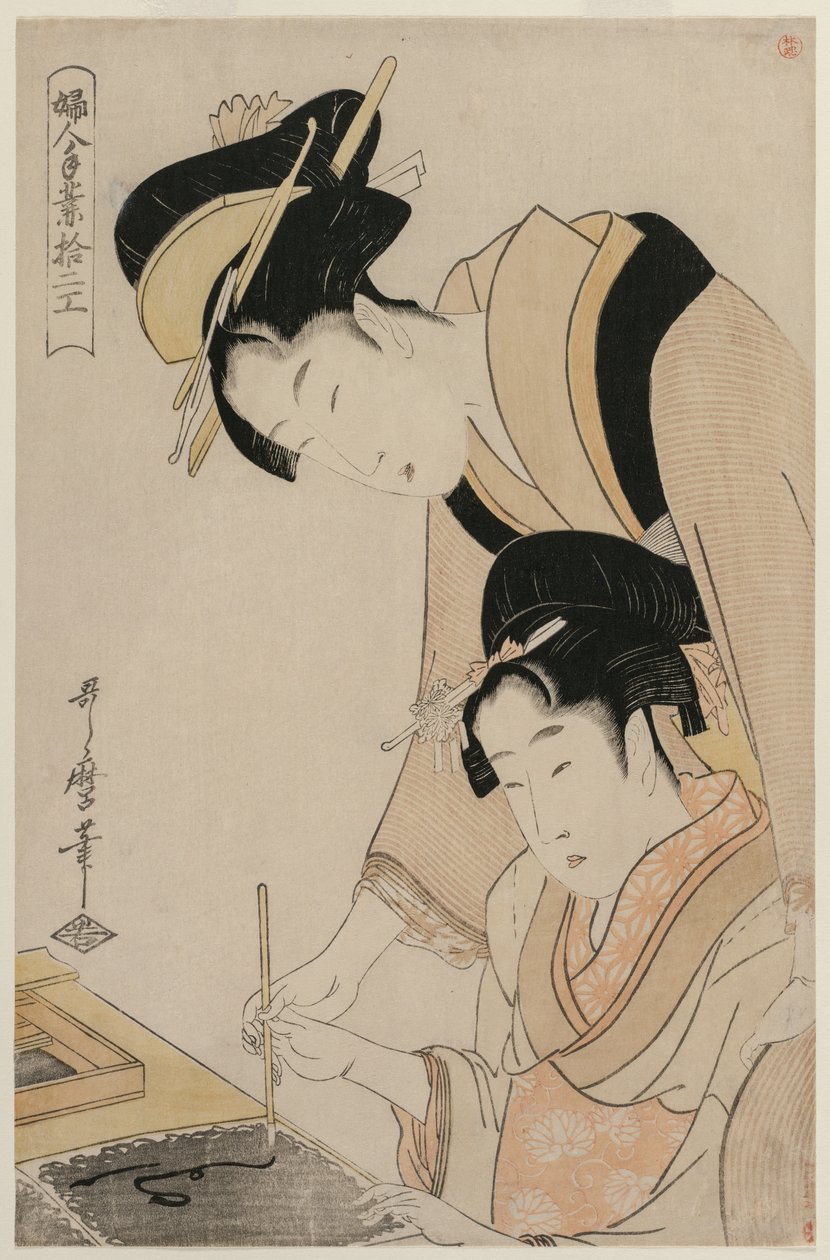 Mãe ensinando caligrafia à filha, da série Doze ocupações de mulheres, c. 1798 de Kitagawa Utamaro