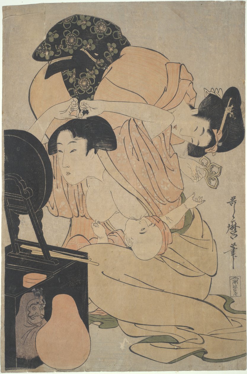 Mãe com bebé a amamentar e acompanhante de Kitagawa Utamaro