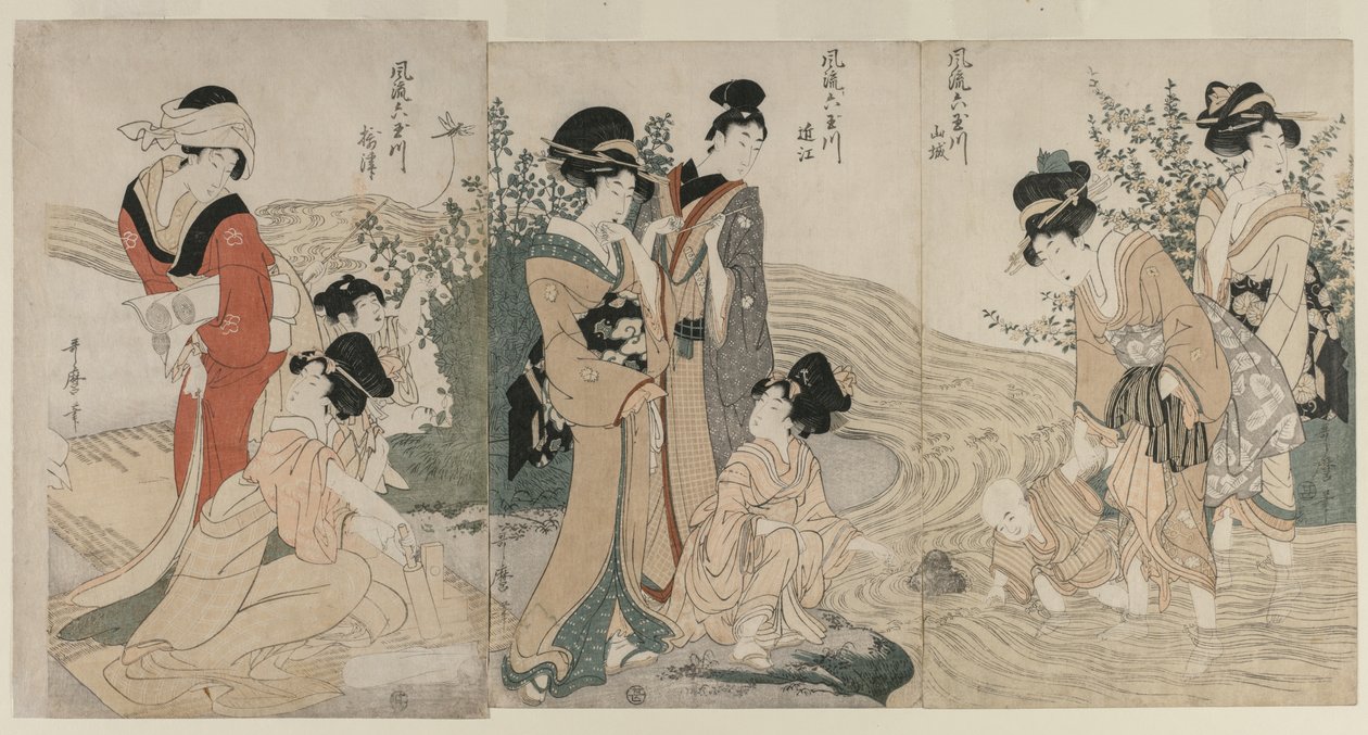 Musashi, Omi, Yamashiro, Proposta de Settsu P Rovinse de Teserie s Facio beshi x Jewel ri vers (Fru Mutama River) de Kitagawa Utamaro