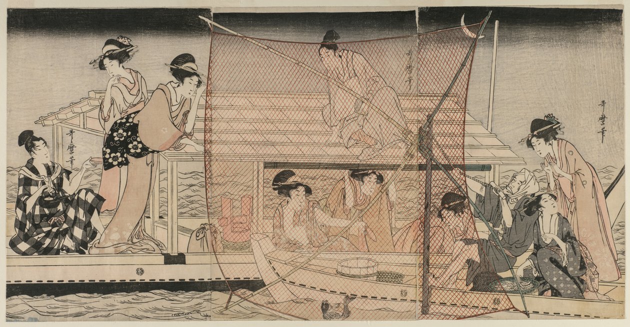 Pesca de Rede à Noite no Rio Sumida de Kitagawa Utamaro