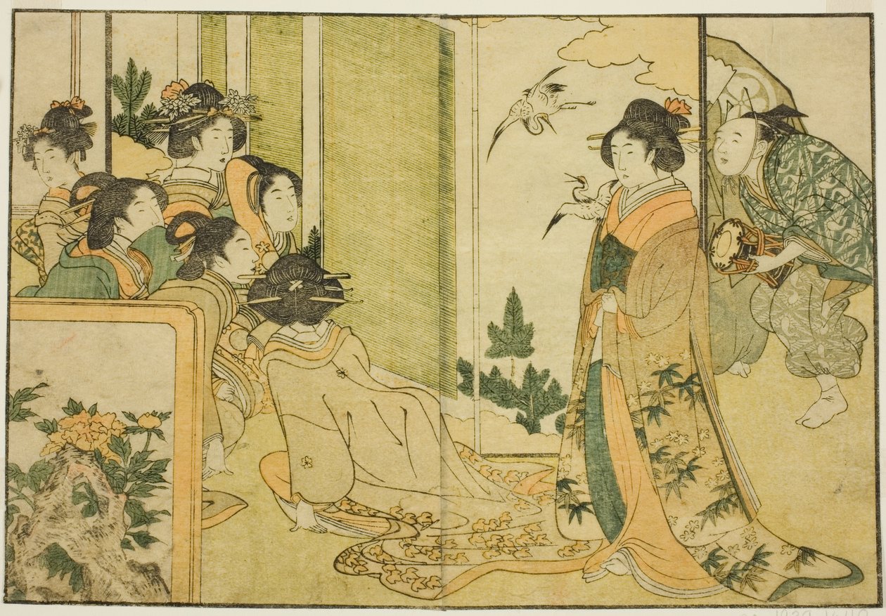 Atuação de Manzai de Ano Novo na Mansão de um Senhor Feudal, do livro ilustrado "Picture Book: Flores das Quatro Estações (Ehon shiki no hana)", vol. 1 de Kitagawa Utamaro