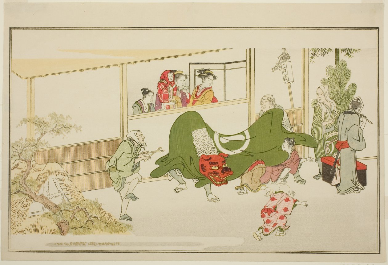 Artistas de rua de ano novo, da antologia kyoka ilustrada "The Young God Ebisu (Waka Ebisu)" de Kitagawa Utamaro