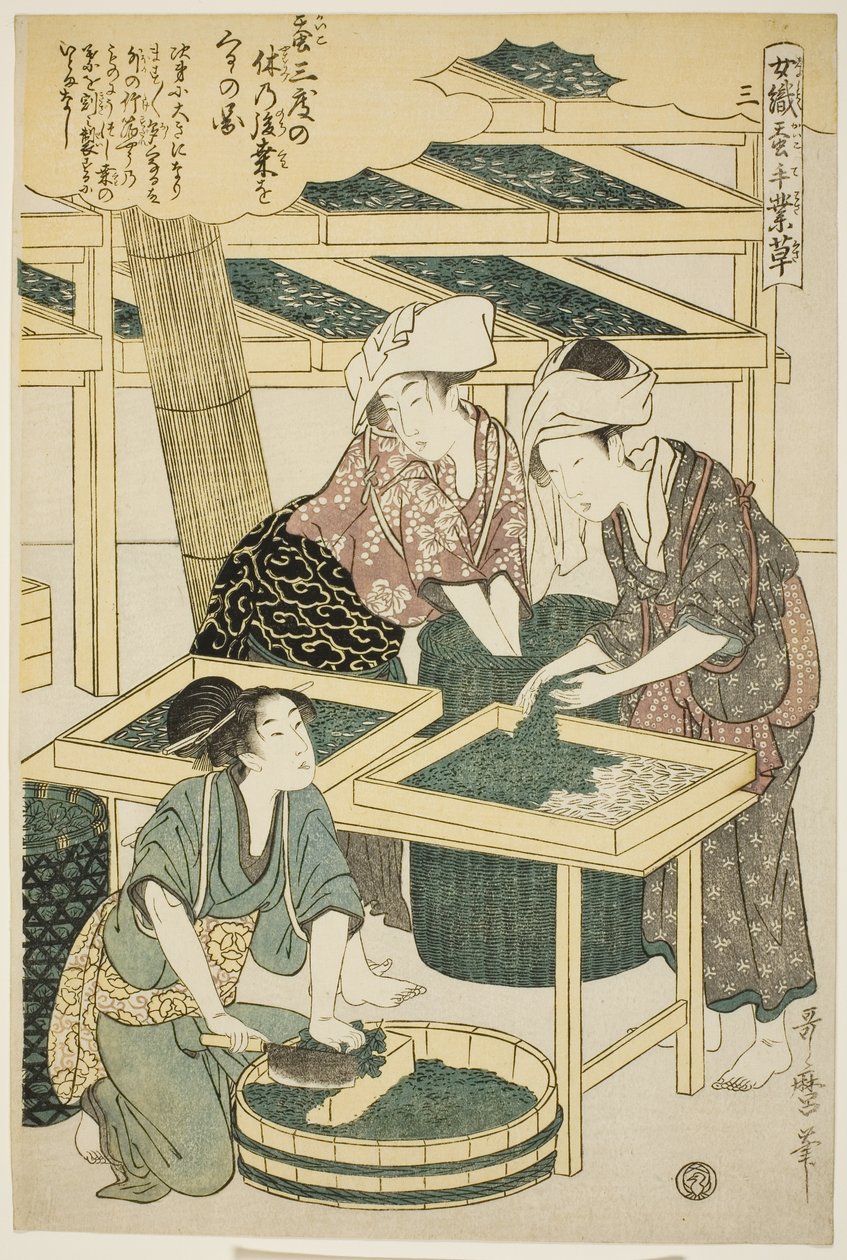 Nº 3 (san), da série "Mulheres engajadas na indústria da sericultura (Joshoku kaiko tewaza-gusa)" de Kitagawa Utamaro