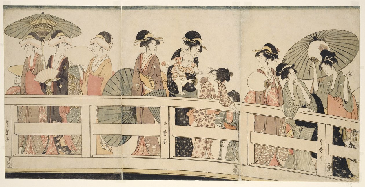 No topo e embaixo da ponte Ryogoku de Kitagawa Utamaro