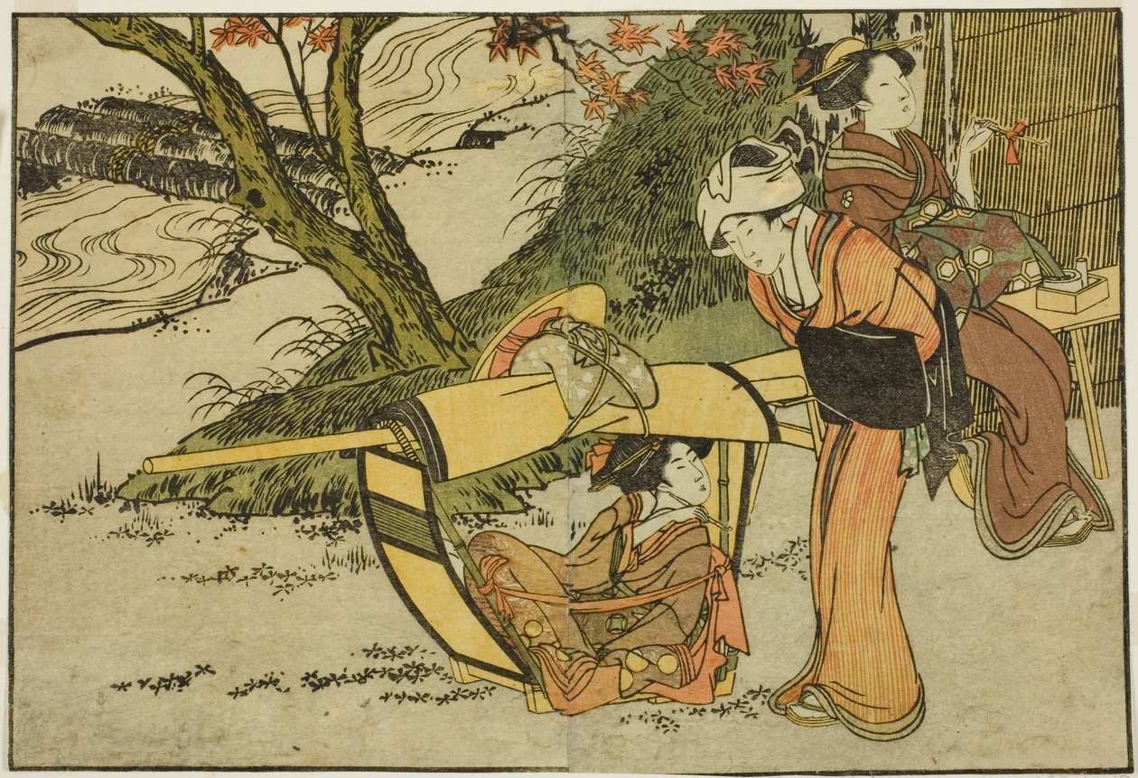Outing to View Maples in Autumn, do livro ilustrado "Livro ilustrado: Flores das quatro estações (Ehon shiki no hana)", vol. 2 de Kitagawa Utamaro