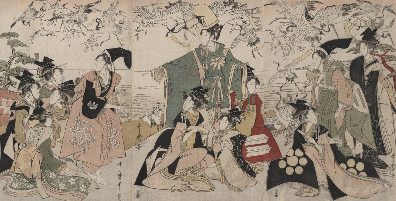 Paródia de «Yoritomo a libertar grous» (Mitate Yoritomo hōkaku) de Kitagawa Utamaro