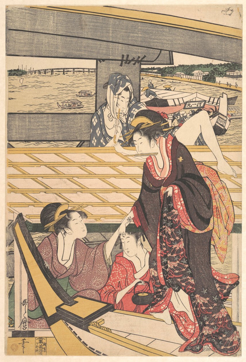 Grupos de recreio em barcos no rio Sumida sob a ponte Ryōgoku de Kitagawa Utamaro