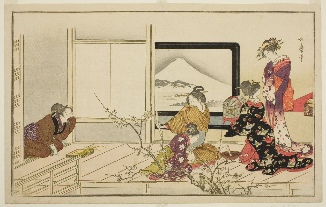 Preparação de alimentos para um rouxinol, da antologia kyoka ilustrada "Dança masculina de carimbos (Otoko toka)" de Kitagawa Utamaro
