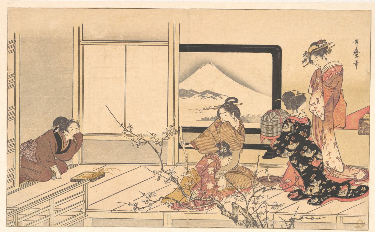 «Preparar comida para a felosa», do álbum Dança masculina com estampagem (Otoko dōka, uguisu no esa suri) de Kitagawa Utamaro