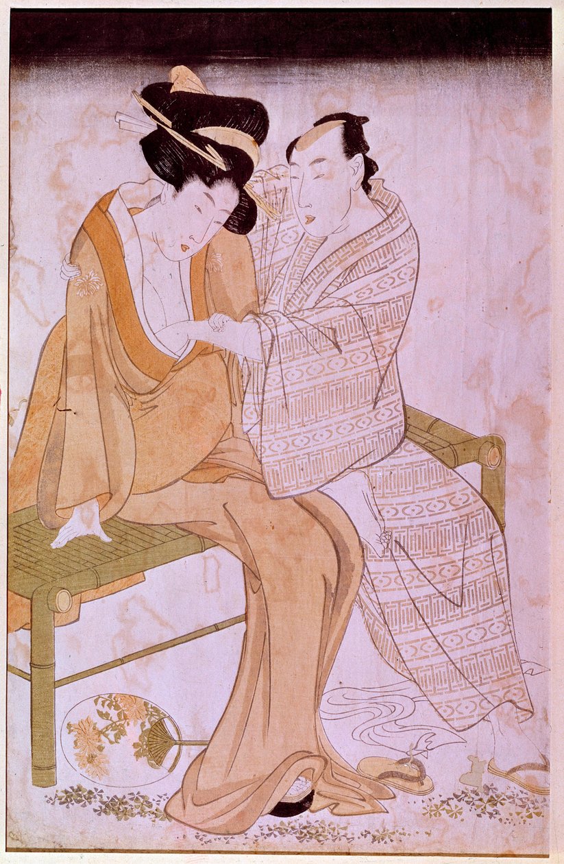 Representação de um casal japonês a acariciar um ao outro num banco. Impressões de Utamaro Kitagawa (1753-1806). Dim. 0,38x0,245 m. Paris, Muse Guimet, Museu Nacional de Artes Asiáticas de Kitagawa Utamaro