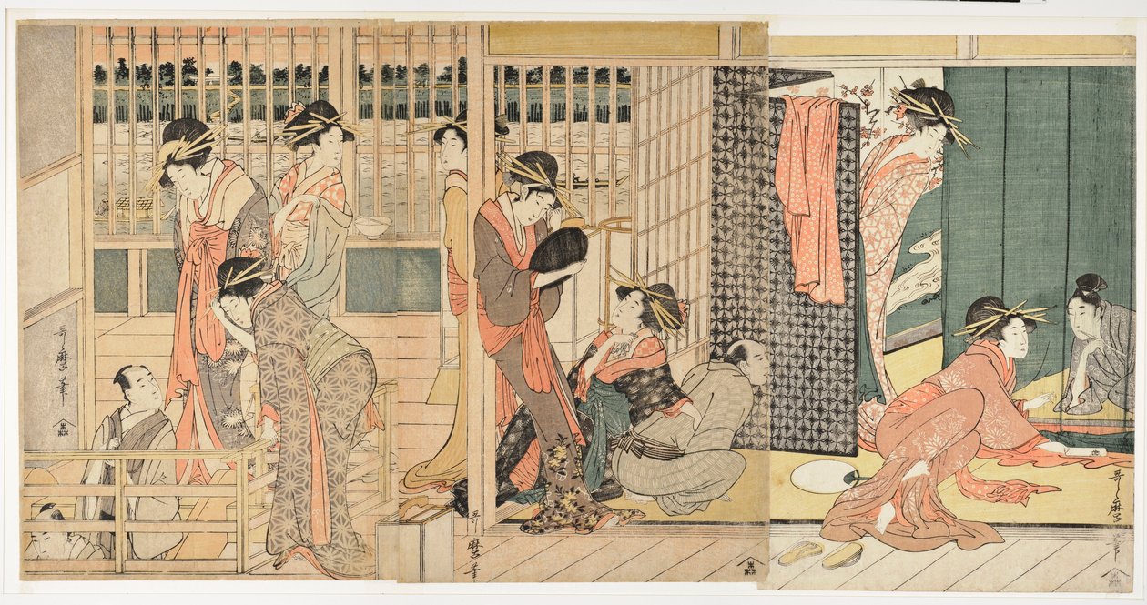 Cena matinal em uma "casa da tolerância" japonesa (karitaku) - Impressão de Kitagawa Utamaro (1753-1806) de Kitagawa Utamaro