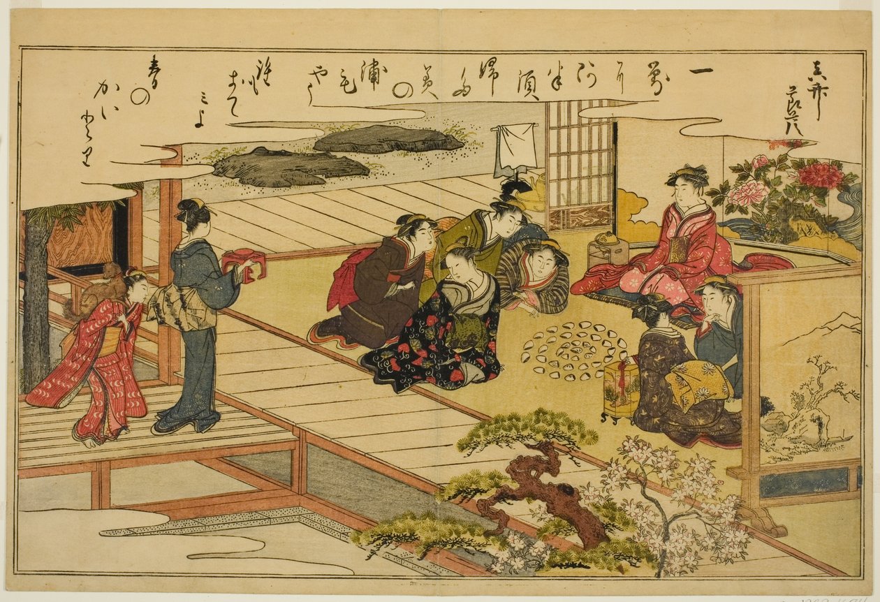 Jogo de correspondência de conchas, do livro ilustrado "Gifts from the Ebb Tide (Shiohi no tsuto)" de Kitagawa Utamaro
