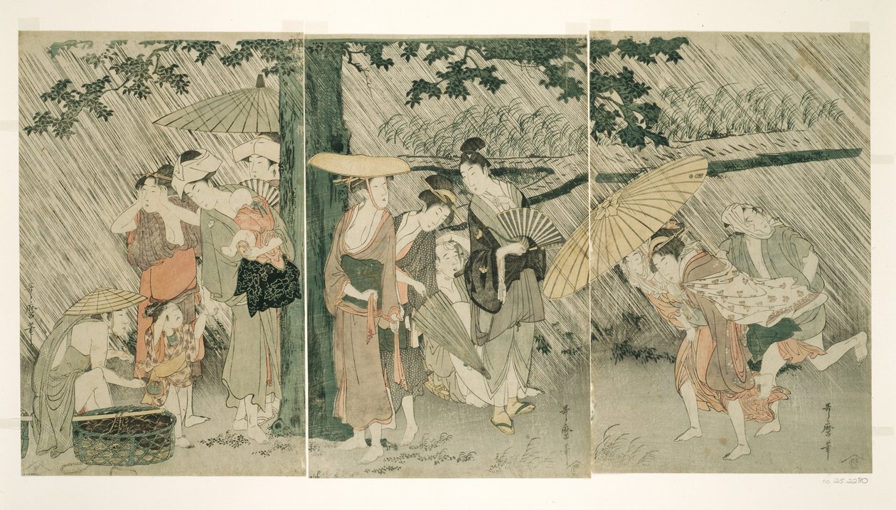 Protegendo-se de um banho repentino de Kitagawa Utamaro