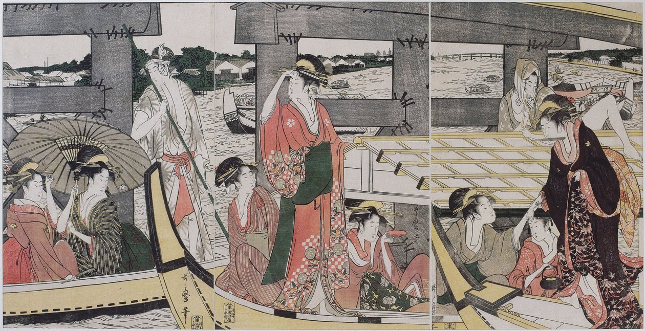 Por cima e por baixo da Ponte Ryogoku (Tóquio) - Por cima e por baixo da Ponte Ryogoku de Utamaro, Kitagawa (1753-1806), c. 1796 - Lenha colorida, 38,2x74,6 - Coleção Particular de Kitagawa Utamaro
