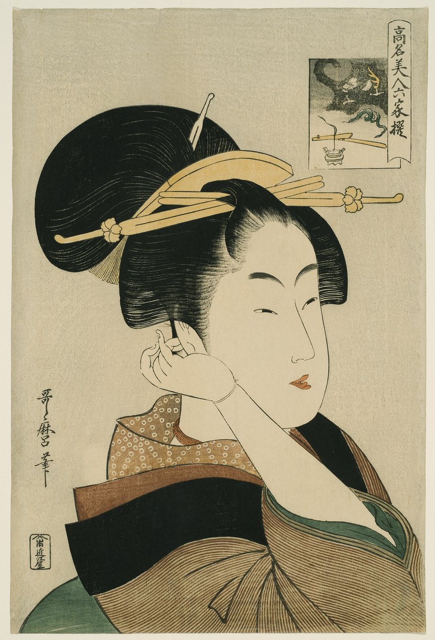 Tatsumi Roko, da série “Belezas Renomadas Comparadas aos Seis Poetas Imortais” (“Komei bijin rokkasen”) de Kitagawa Utamaro