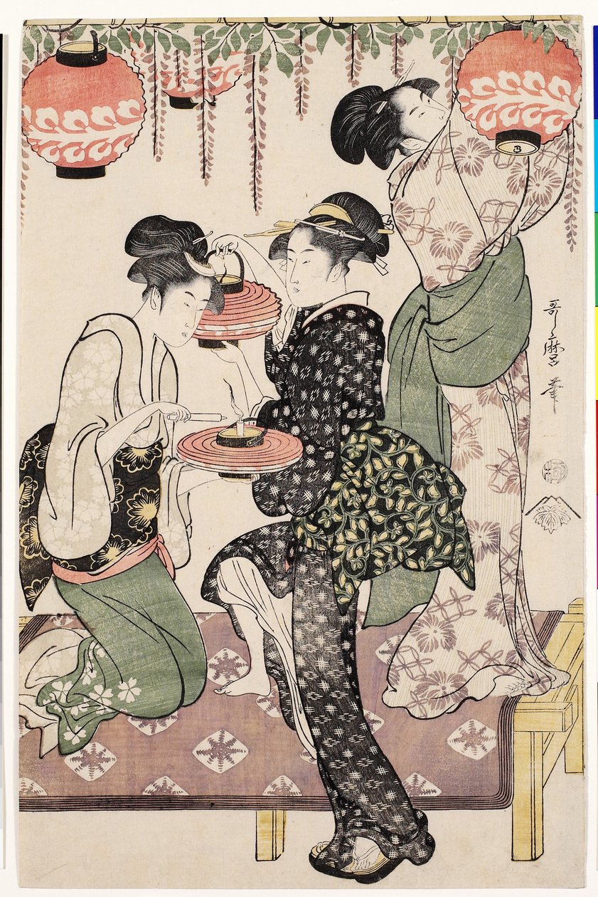 Meninas da casa de chá sob uma espaladora de wistaria, 1795 de Kitagawa Utamaro