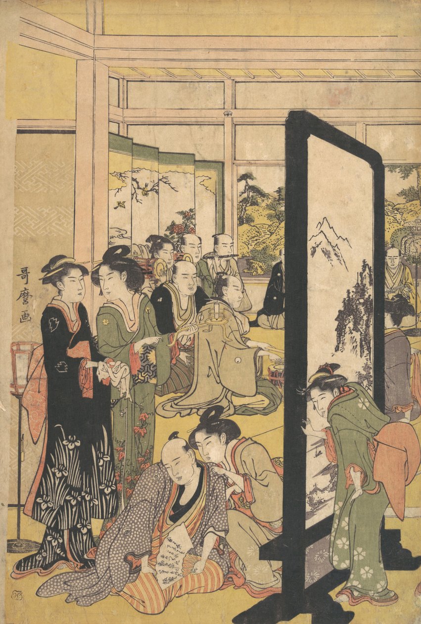 O Artista Kitao Masanobu Relaxando em uma Festa, 1790s. de Kitagawa Utamaro