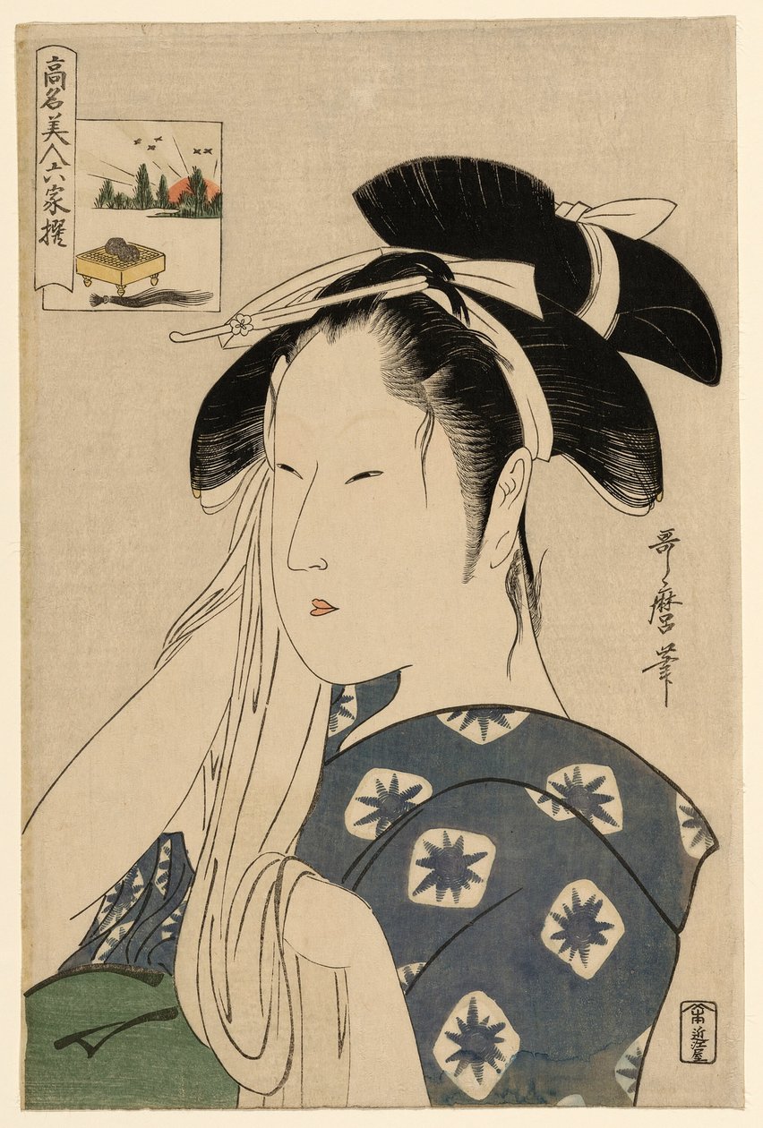 A Viúva Asahiya, da série “Belezas Renomadas Comparadas aos Seis Poetas Imortais” (“Komei bijin rokkasen”) de Kitagawa Utamaro