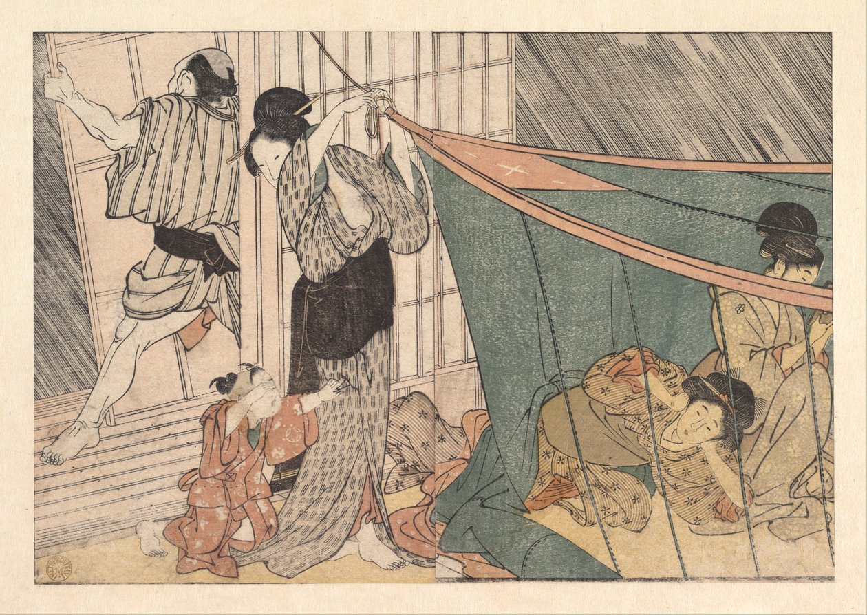 A trovoada que se aproxima, do livro ilustrado Flores das Quatro Estações de Kitagawa Utamaro