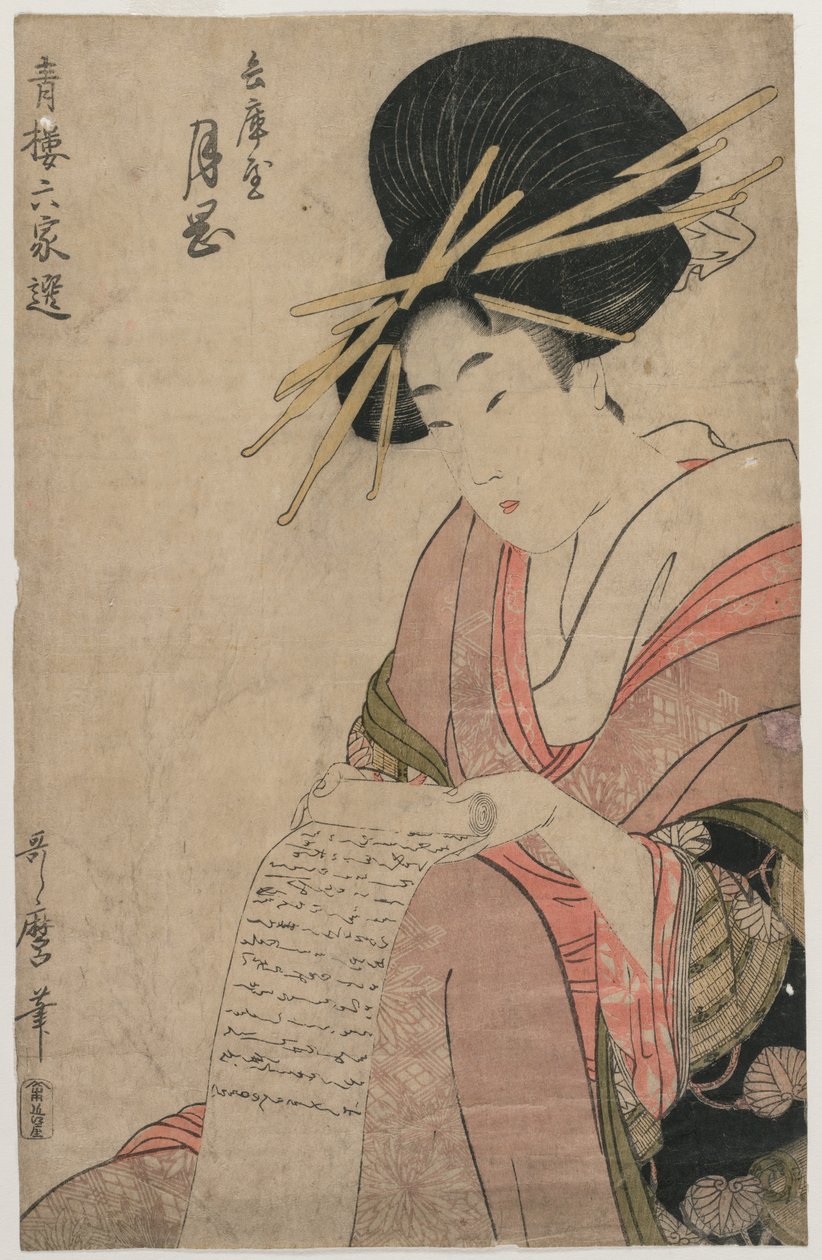 A cortesã Tsukioka de Hyogoya Rolling a Letter (da série A Selection of Six Authors in the Green Houses) de Kitagawa Utamaro
