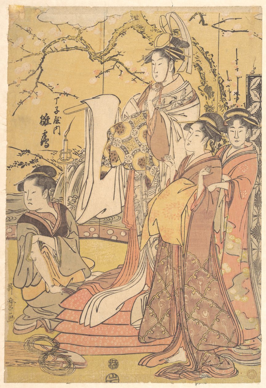 A oiran Hinazuru de Chojiya de pé sobre uma pilha de futons de Kitagawa Utamaro