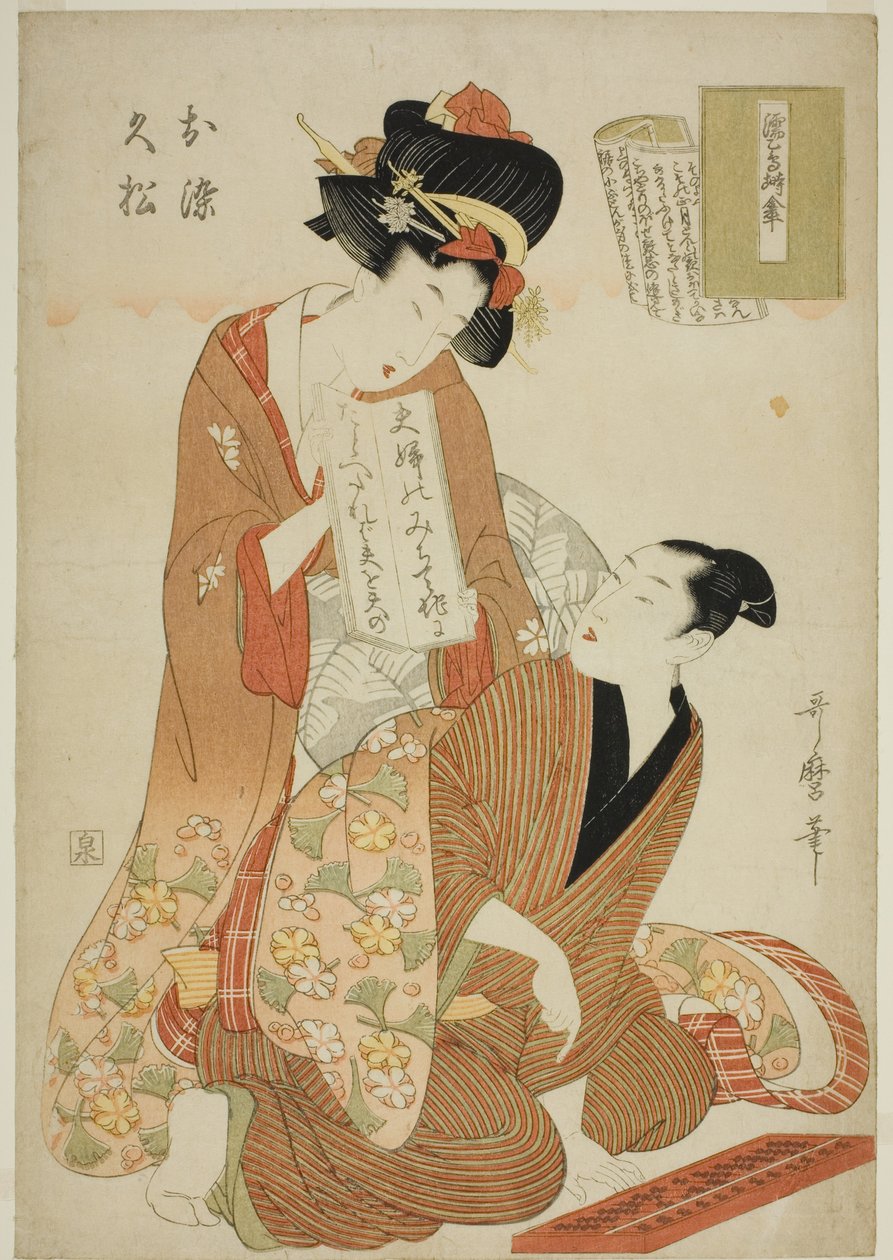 Te Tokoro Ruri, Wet Swallow Negura Kara Umbrella, da série Te s Tokoro Ruri B Letch (Onna Rully Book) (Wet Swallow Negura Kara Umbrella, tarde, Hisamatsu) de Kitagawa Utamaro
