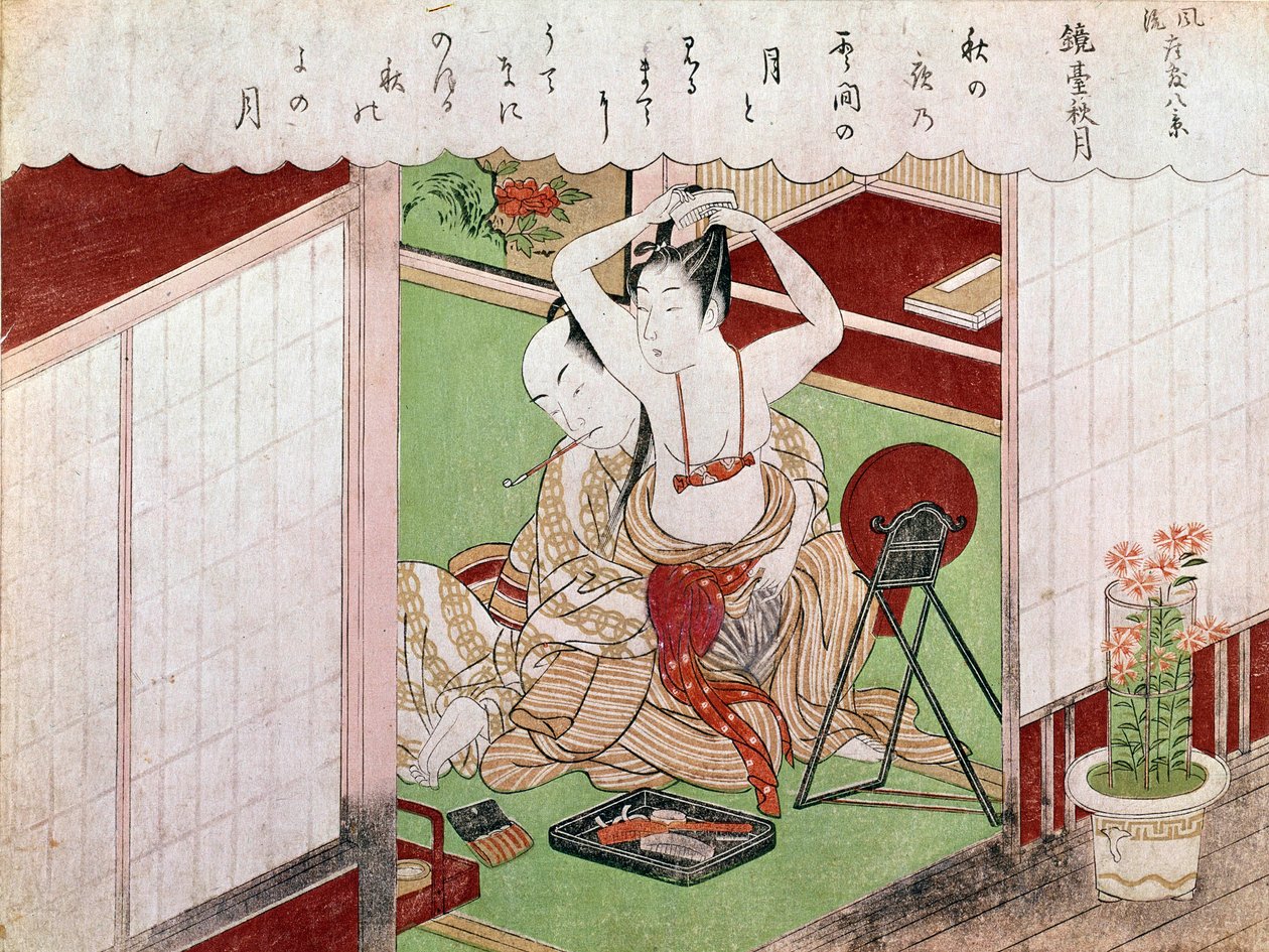 O banheiro da elegante estampa japonesa de Utamaro Kitagawa (1753-1806). O sol. 0,38x0,25 m. 1794-1795. Paris, Museu Guimet, Museu Nacional de Artes Asiáticas. de Kitagawa Utamaro