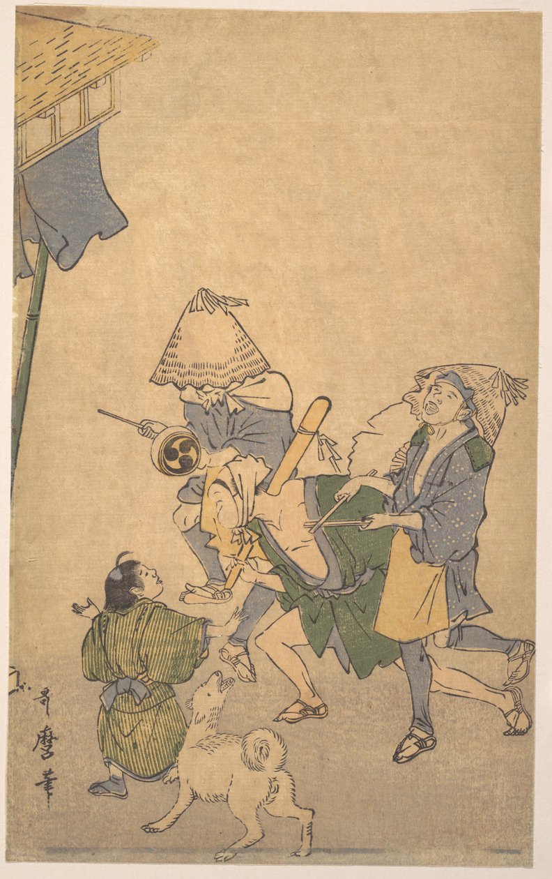 Três foliões das classes baixas, com chapéus komuso, um menino pequeno e um cão de Kitagawa Utamaro