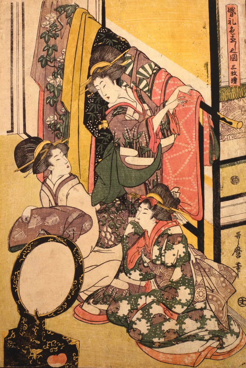 Três meninas em uma loja de roupas de Kitagawa Utamaro
