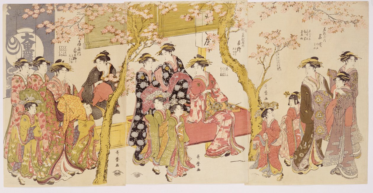 Três grupos de cortesãs com seus Shinzo e Kamuro de Kitagawa Utamaro