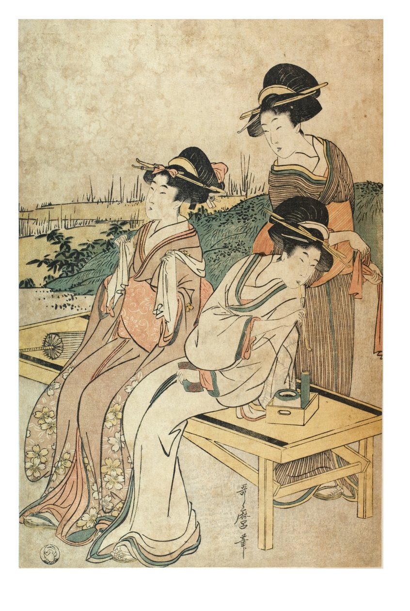 Três mulheres em paisagem, em lazer, c.1800-1801 (xilogravura sobre papel) de Kitagawa Utamaro