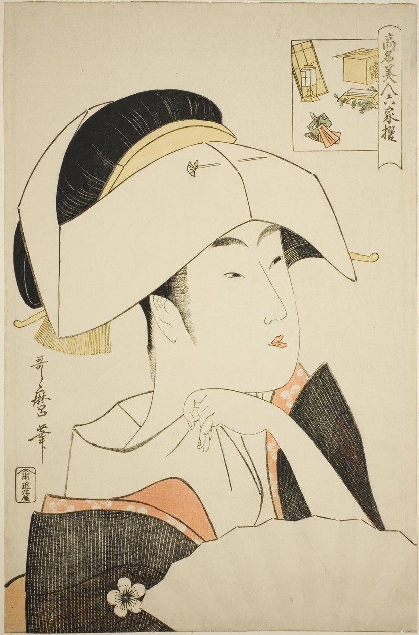 Tomimoto Toyohina, da série Belezas Renomadas Comparadas aos Seis Poetas Imortais (Komei bijin rokkasen) (Tomimoto Toyohina) (imagem-enigma) de Kitagawa Utamaro