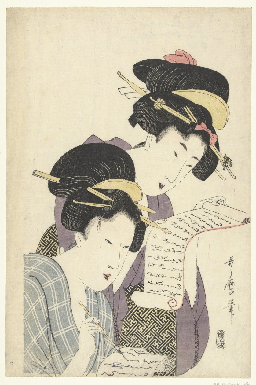 Duas mulheres com letras de Kitagawa Utamaro
